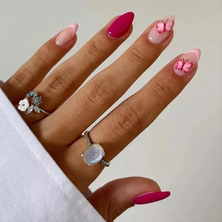 elegant pink french manicure butterfly nails decoration
