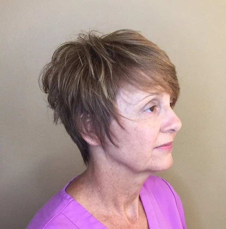 feathered pixie haircut for women over 60 with side bangs