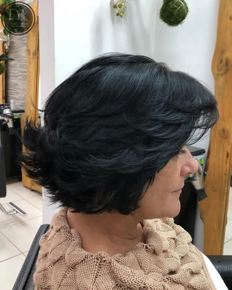 feathered shaggy bob with layeres for older women black bob cut for women over 50