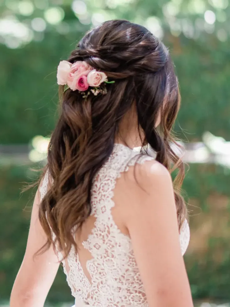flowers in the hair diy wedding hairstyles festive half up hairstyles