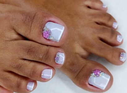 french pedicure with rhinestones dark skin
