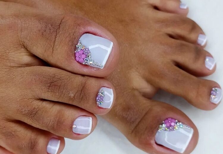 french pedicure with rhinestones dark skin