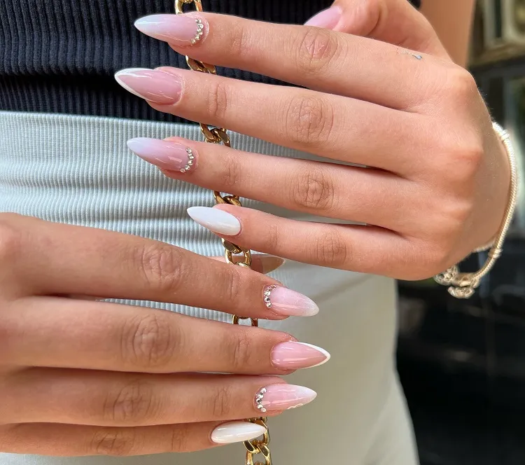 french tip ombre nails with rhinestones almond shaped