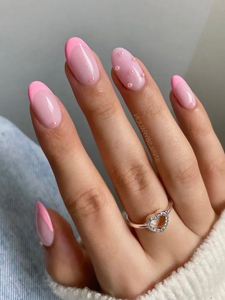 gentle minimalist barbie pink french manicure pearl decorations oval nails