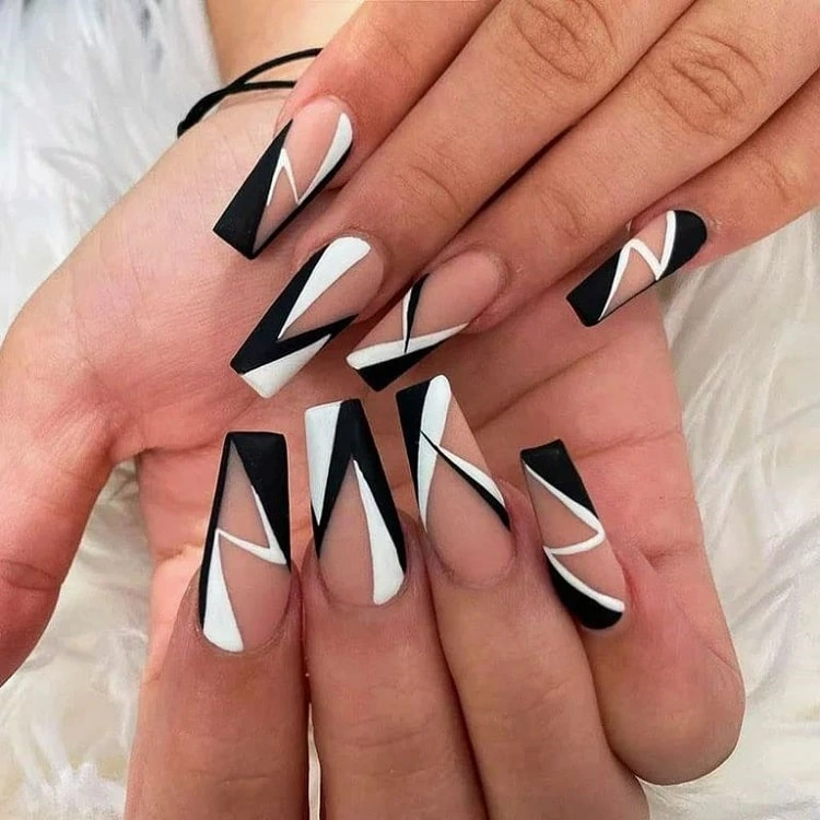 geometric tuxedo nails black and white nail designs