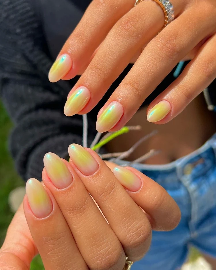 glazed donut nails with blush effect chrome manicure short