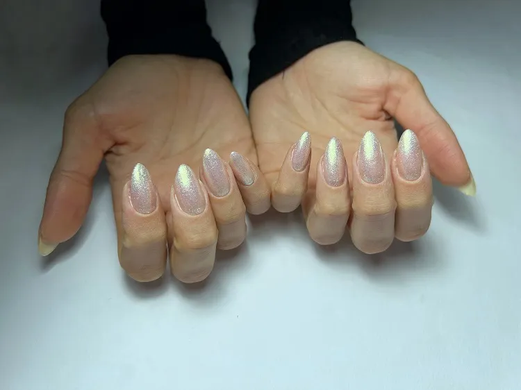 glazed donut nails with glitter white chrome manicure