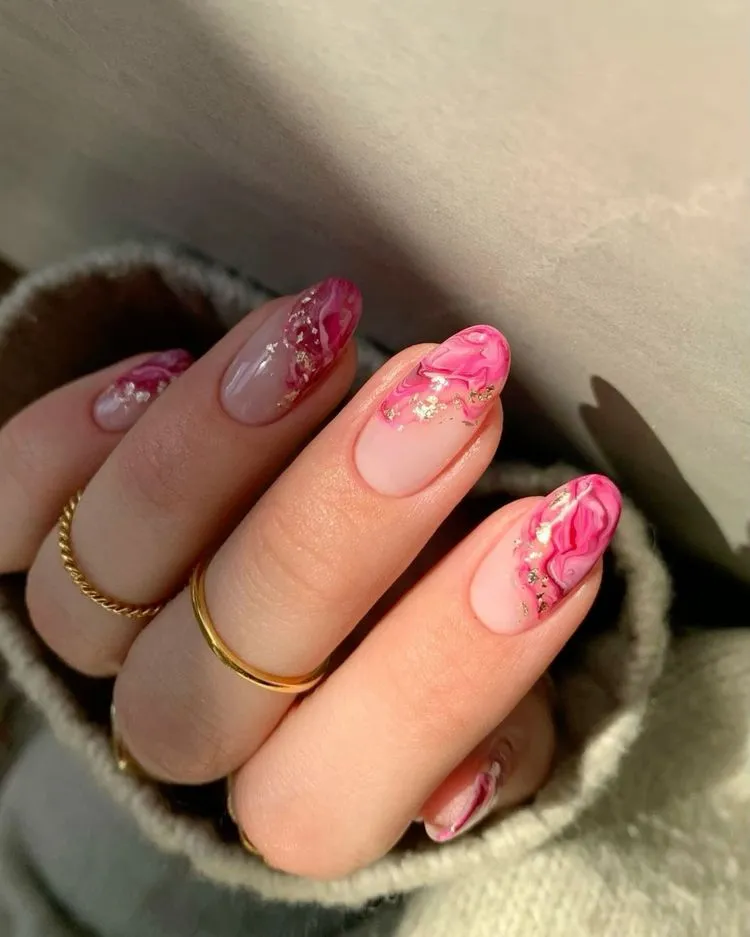 gold leaf watercolor effect pink french tip manicure barbiecore nails ideas