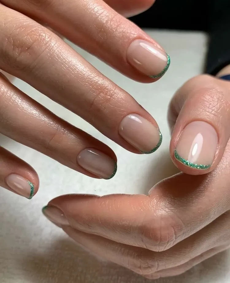 green glitter micro french nails 2023 minimalist summer manicure