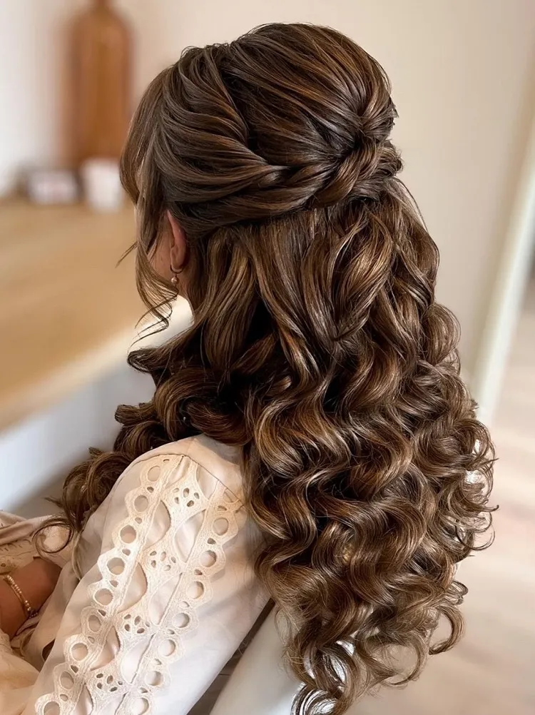 half up half down wedding guest hairstyle ideas curly hair