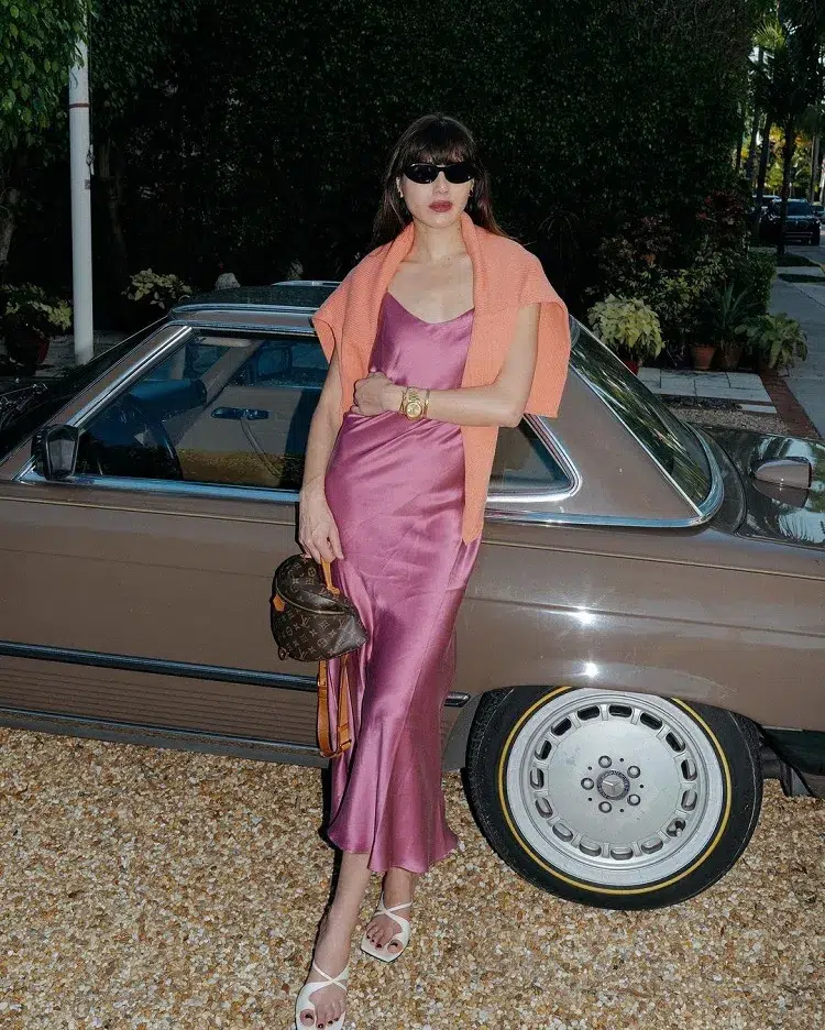 how to style a satin slip dress in the evening