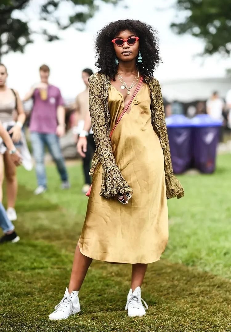 how to wear a satin slip dress yellow silk dress festival outfit idea
