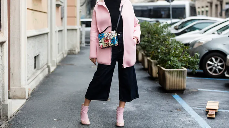how to wear culottes in winter pink coat and boots