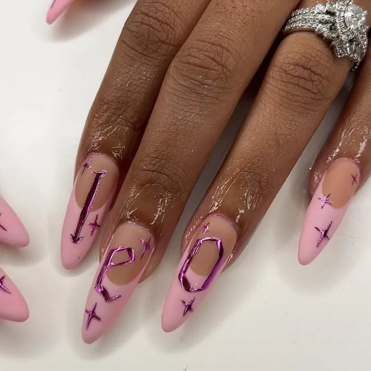 leo season nails design long almond shape pastel pink french tips chrome lettering