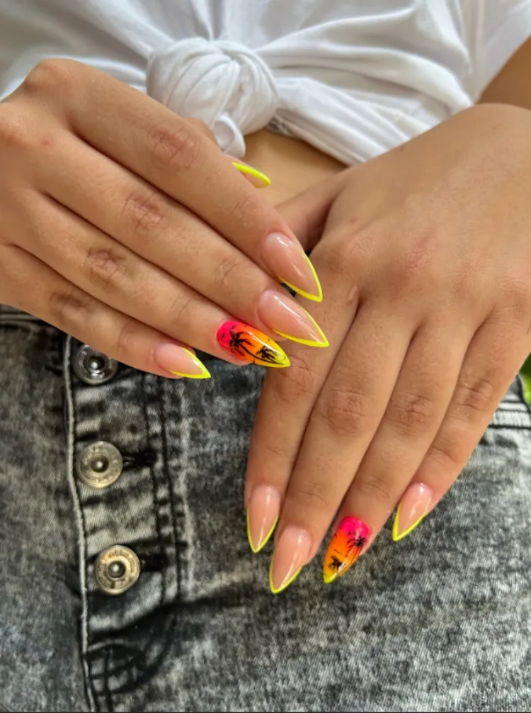long stiletto nails neon yellow french tips pink orange ombre tropical decorations summer 2023 manicure ideas