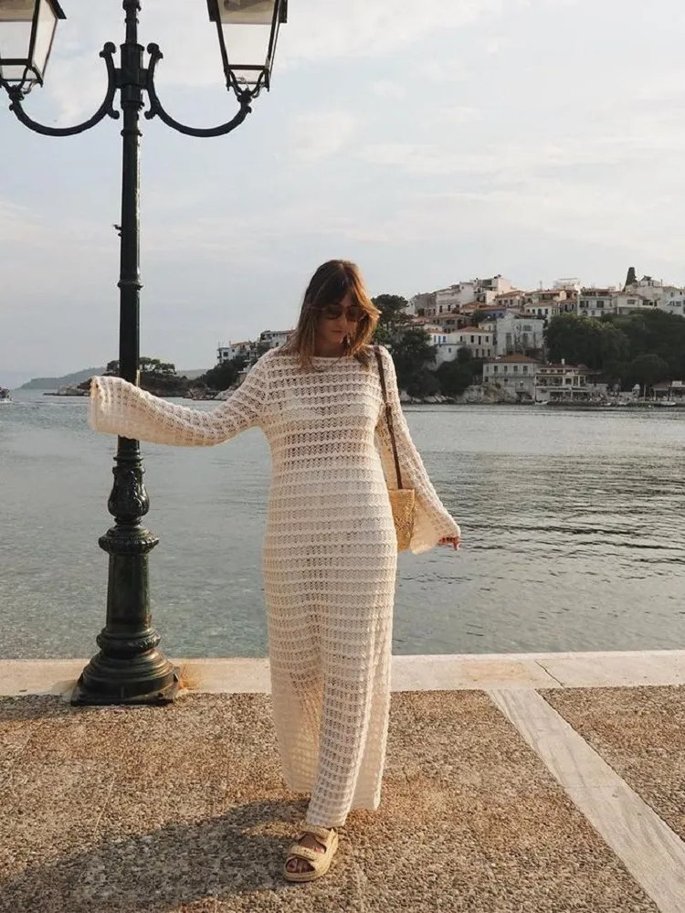 long white knit dress long sleeves sandals fashion trend summer 2023