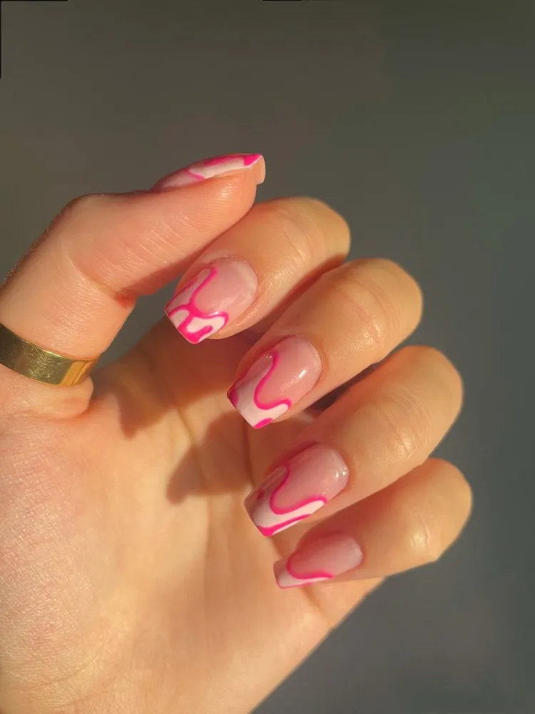 melting effect abstract pink french tips summer barbiecore manicure ideas 2023