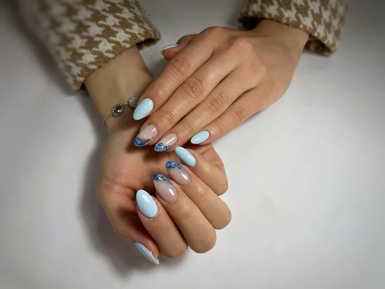 mermaid nails almond shaped acrylic light blue ocean