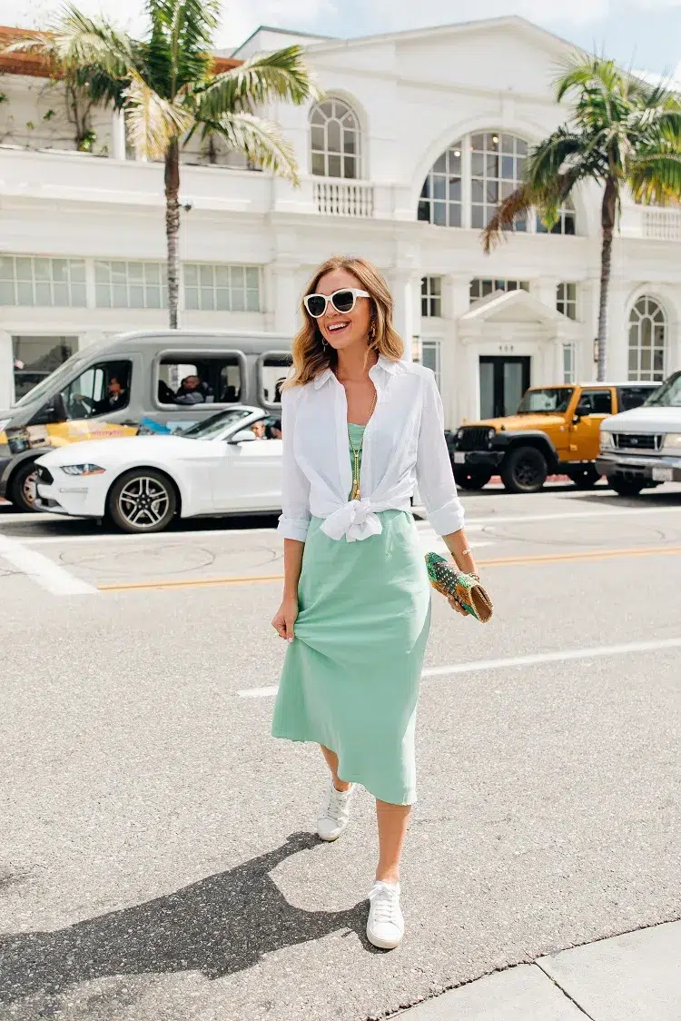 midi satin dress with white shirt everyday outfit summer 2023