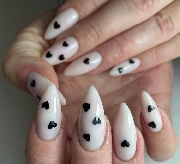 milk nails with tiny hearts