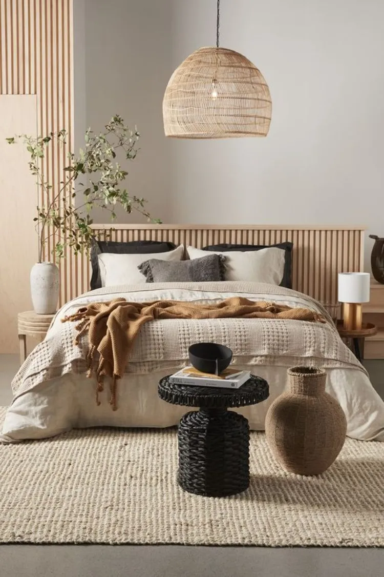 minimalist bedroom organic modern interior design natural fabrics sustainable materials cotton wool rattan