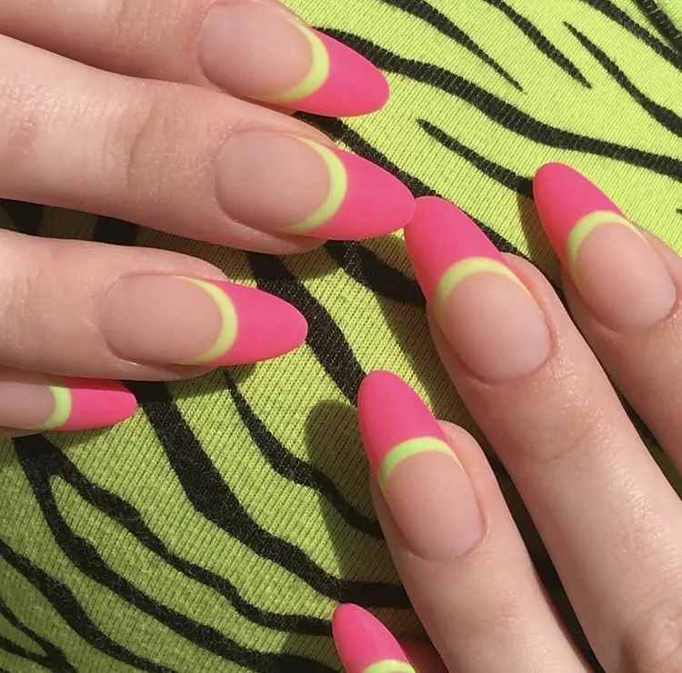 neon green pink double french manicure matte barbiecore summer nails ideas