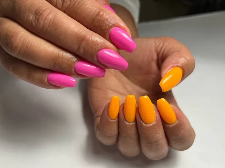 neon orange pink summer manicure ideas long coffin nails july 2023 trends