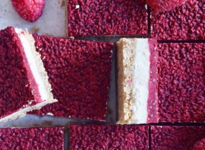 no bake raw vegan raspberry cheesecake bars recipe square slices low calorie
