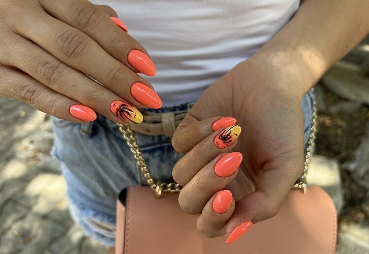 orange almond nails acrylic with summer design 2023