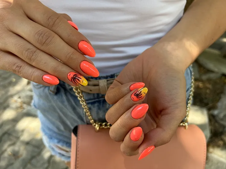 orange almond nails acrylic with summer design 2023