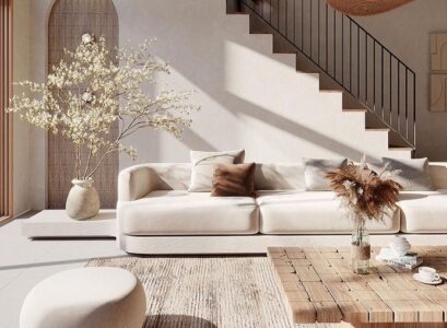 organic modern interior design open plan living room high ceilings natural light low furniture wood tactile fabrics