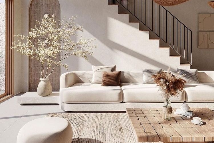 organic modern interior design open plan living room high ceilings natural light low furniture wood tactile fabrics