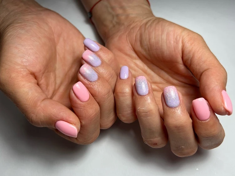 pastel ombre nails with glitter square shaped manicure women over 50