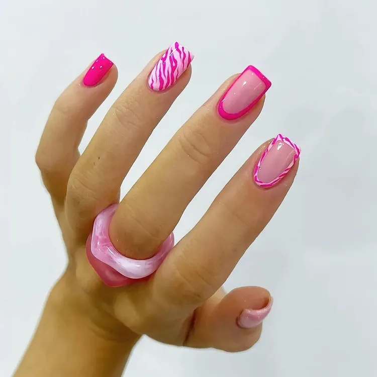 pink french tip frame zebra print barbiecore manicure ideas
