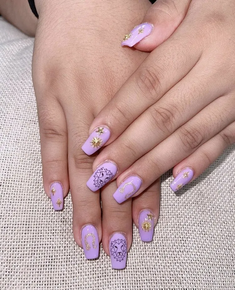 purple manicure leo season nails gold elements