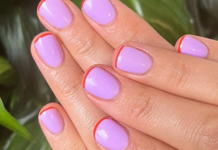 purple nail polish orange french tips sun summer manicure design ideas
