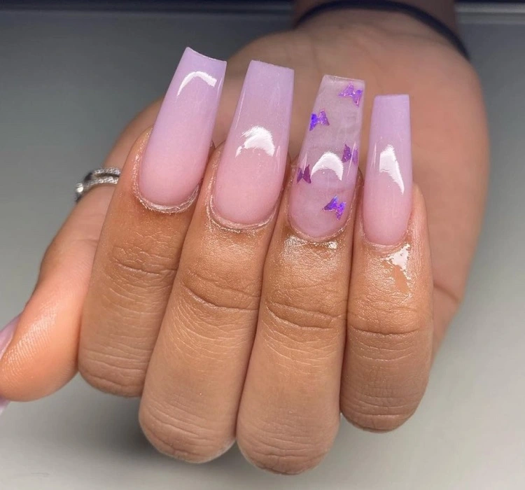 purple ombre butterfly nails coffin shape