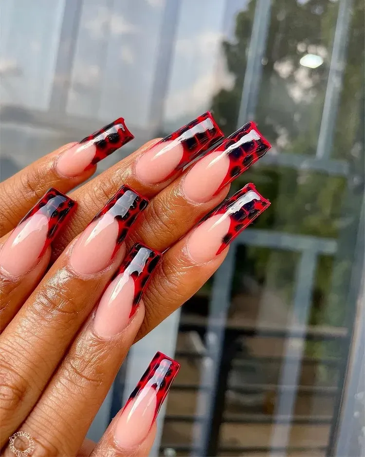 red black crocodile print french tips long square nails design