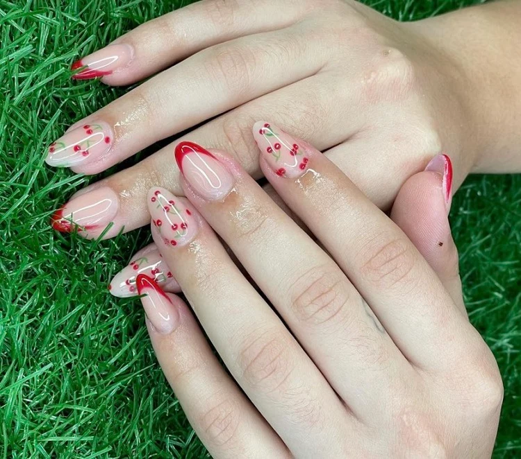 red cherry french manicure nail designs for summer 2023