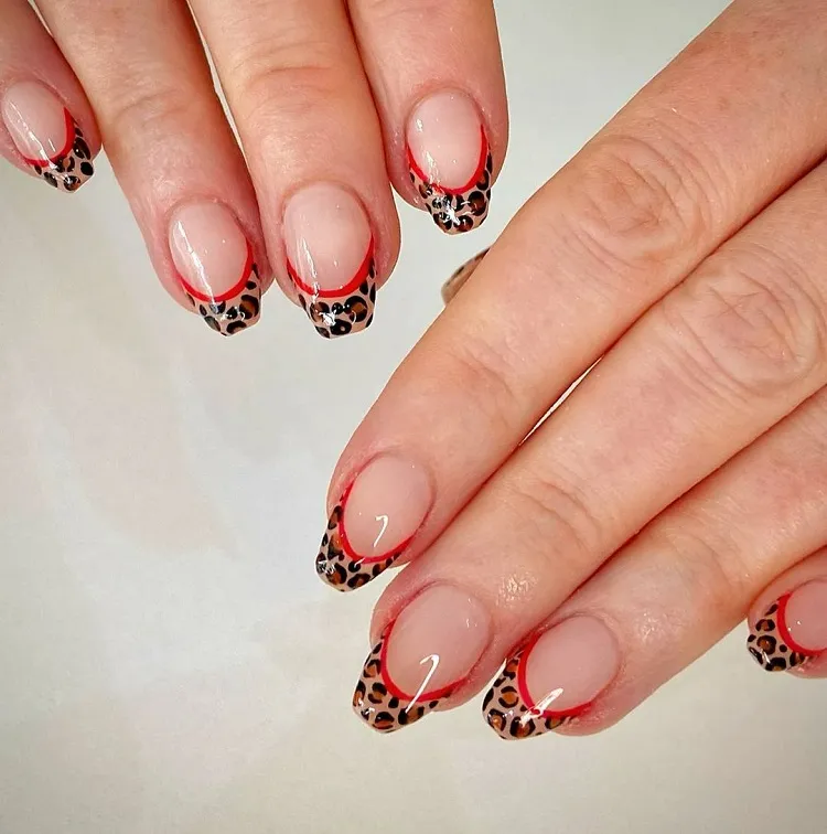 red outline leopard print french tips abstract summer manicure design ideas 2023