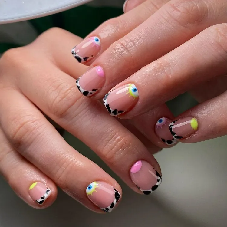 short squoval nails abstract cow animal print french tips bright neon decorations