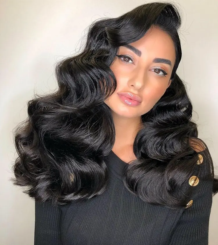 side parted retro glam vintage waves hollywood wedding guest hairstyle ideas 2023