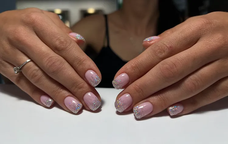 silver chrome glitter french tips short squoval summer nails design ideas july 2023