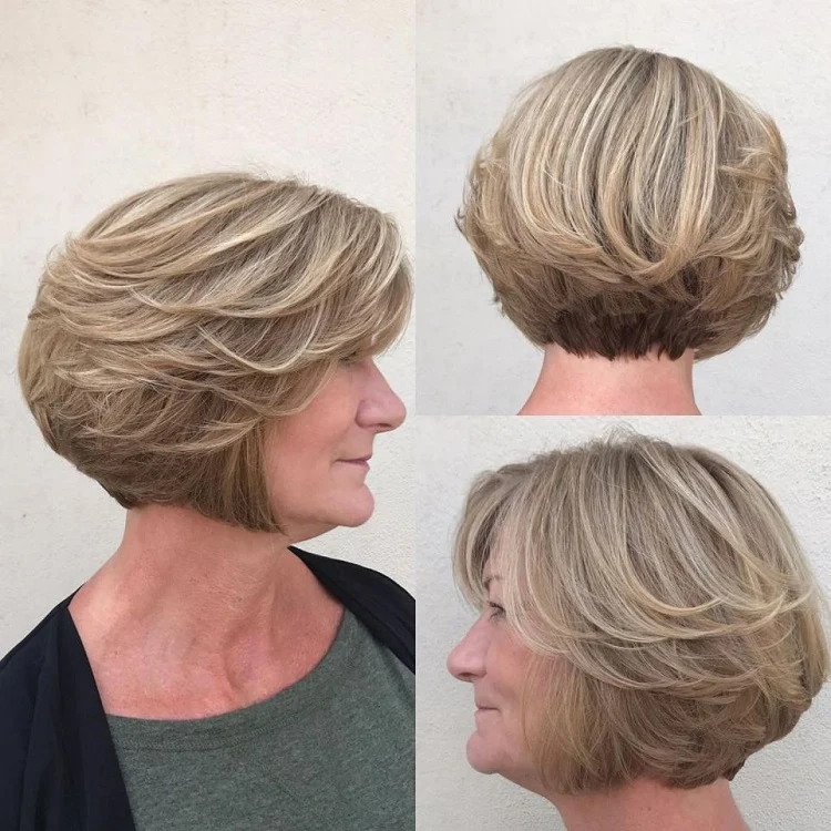 stacked graduated bob haircut with feathered layers women over 60