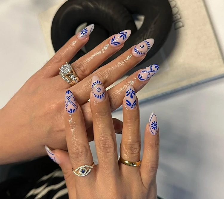 summer nail designs 2023 bright colors cobalt blue almond shape