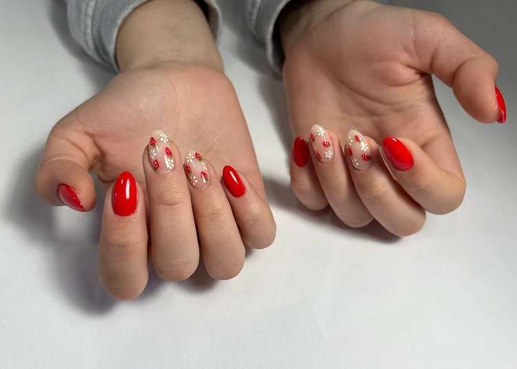 summer red nails with strawberries decoration almond shape ideas