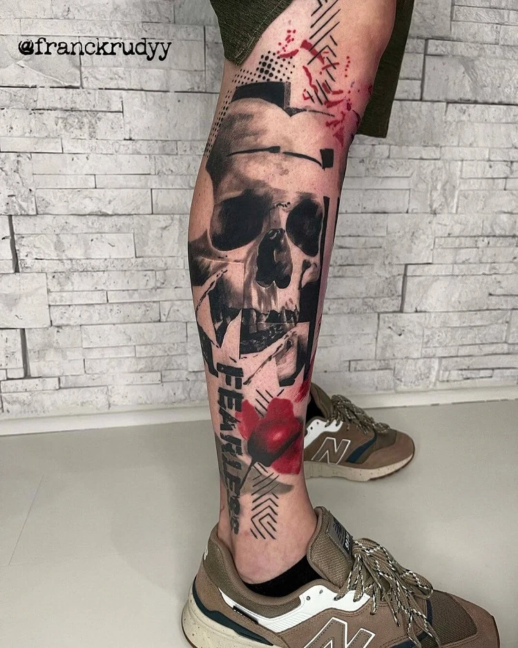 trash polka calf tattoo skull roses
