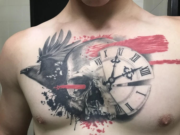 trash polka tatto on chest with clock and crow