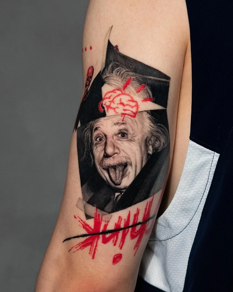 trash polka tattoo design 2023 red and black on arm