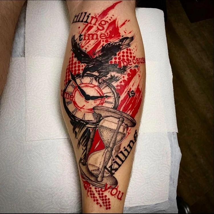 trash polka tattoo design on arm red and black clock